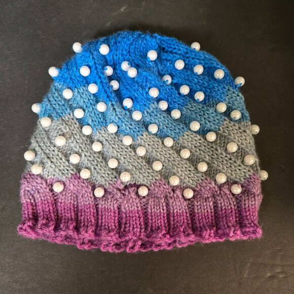 Handmade Knit Hat Faux Pearl Pink & Blue Swirl Design Warm Winter Cap Wool Blend - Picture 6 of 7